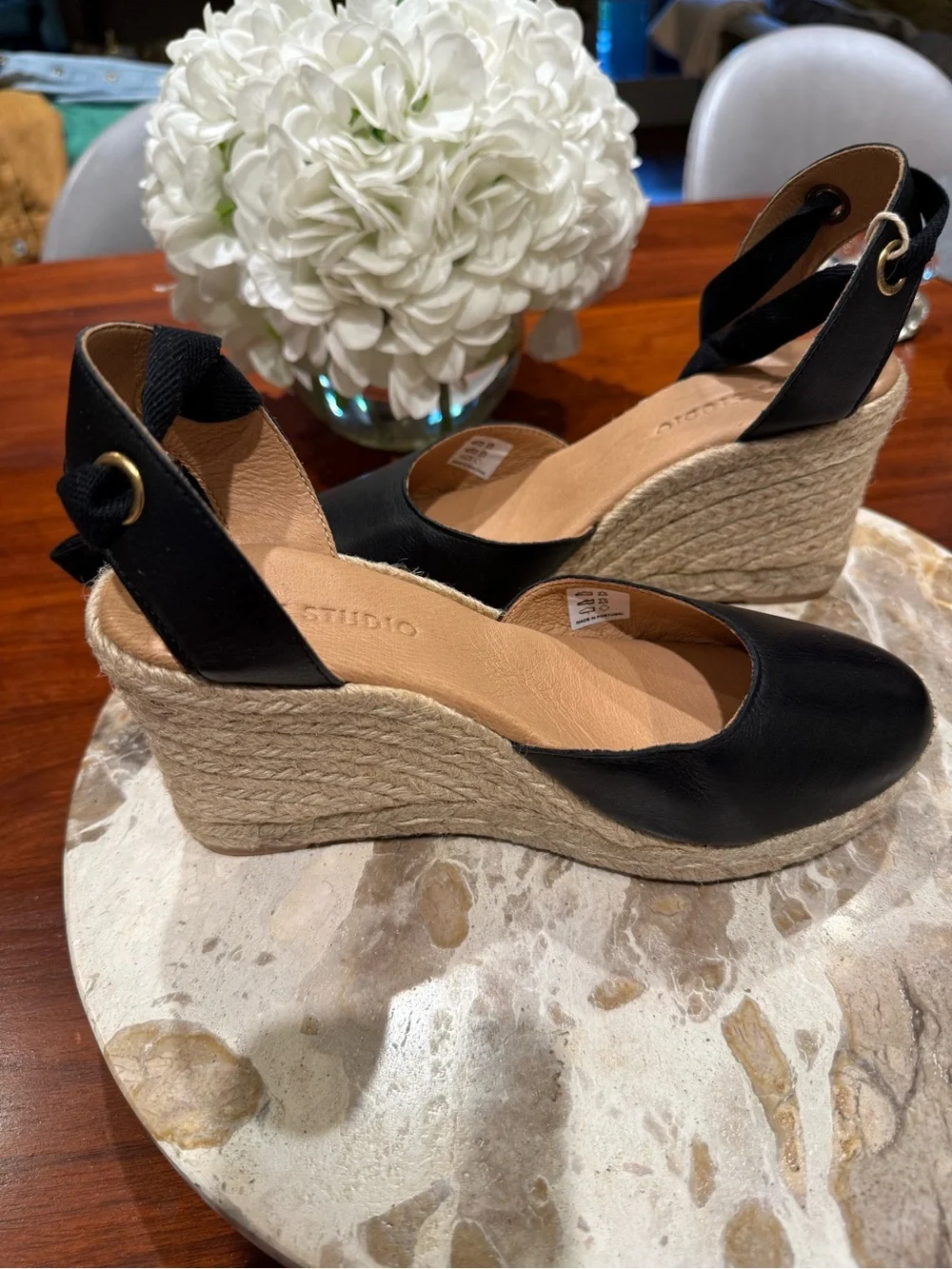 Last Studio Black Women's Leather Espradrille Wedge Sandals with Tie Sz 7 1/2